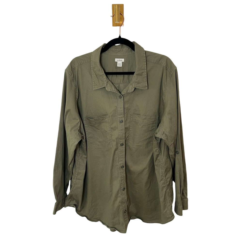 LL Bean Utility Cotton Tencel Button Down Olive Green Safari Field Shirt 3X Plus